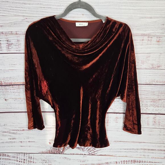 A.L.C. Miller Crushed Velvet Cowl Neck Top Sz 0 Soft Cognac Brown Dolman Sleeve - Picture 1 of 9